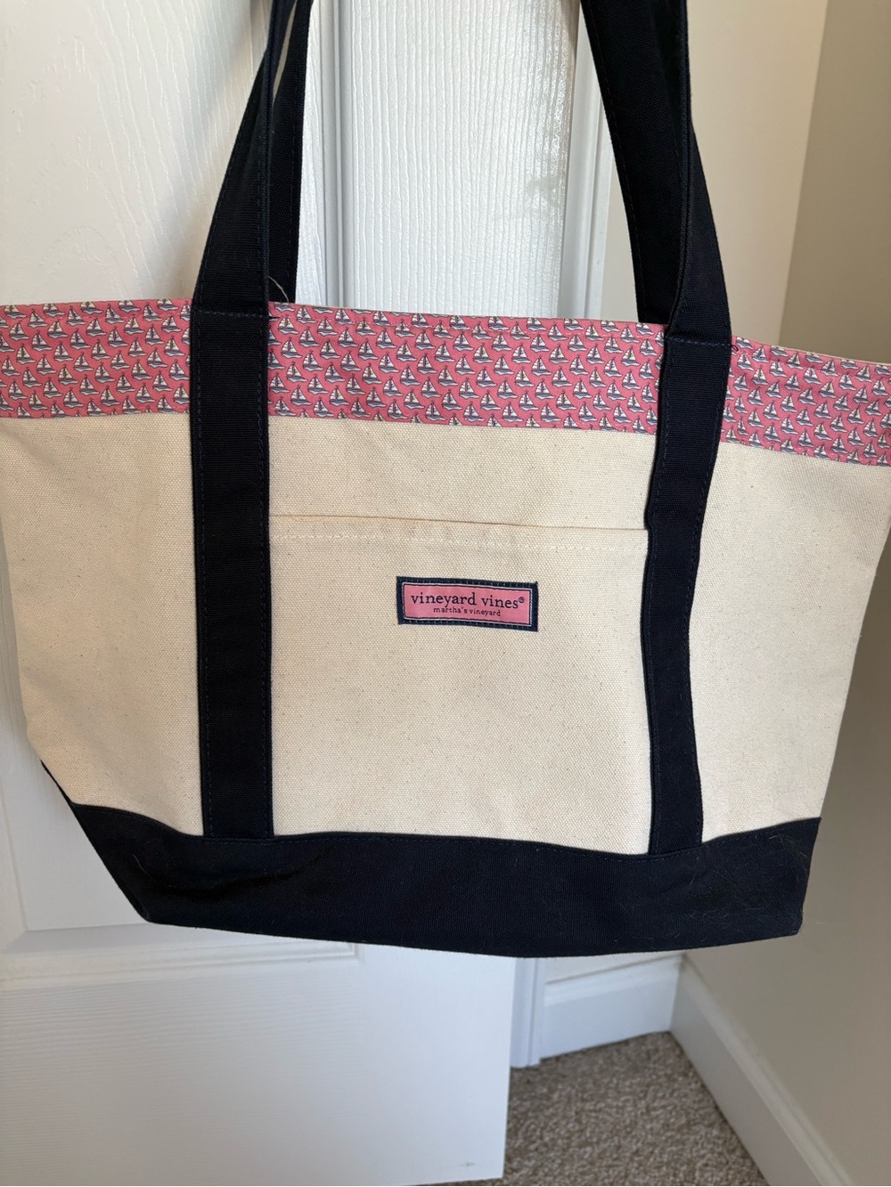 Vineyard Vines Cream Canvas Tote with Pink Sailboat Trim and Navy Accents